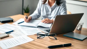 Professional workspace for tradução juramentada with documents and translation tools.