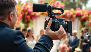 Videographer capturing a wedding scene, focusing on emotional moments of the couple exchanging vows.