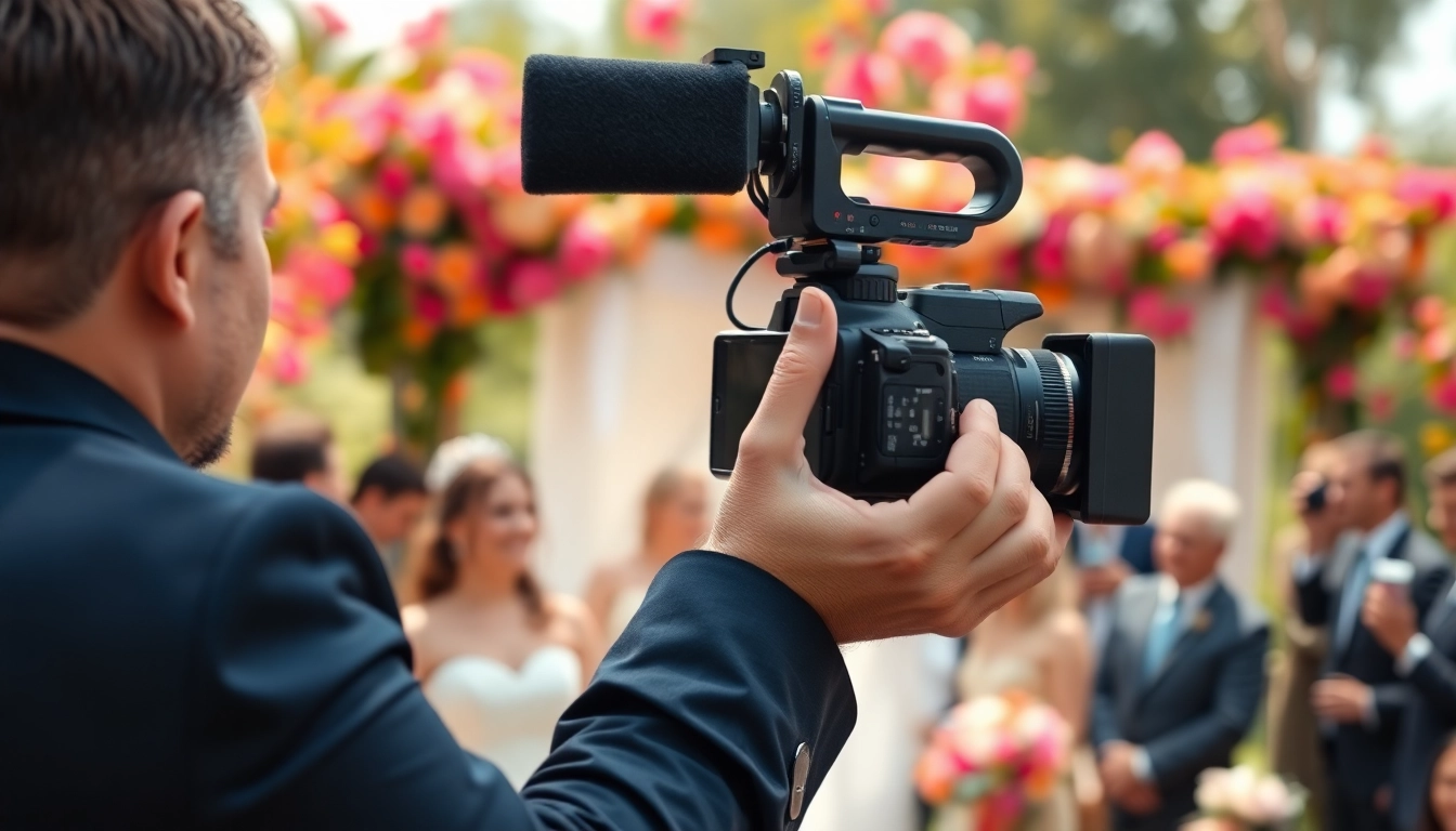Videographer capturing a wedding scene, focusing on emotional moments of the couple exchanging vows.