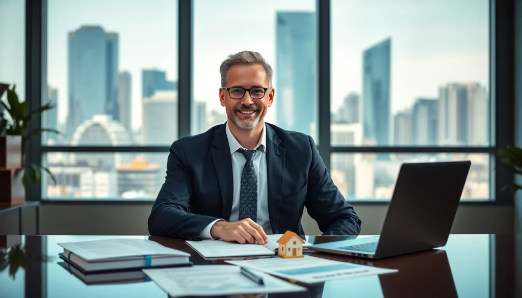 Real estate lawyer consulting clients in a professional office environment with city view.