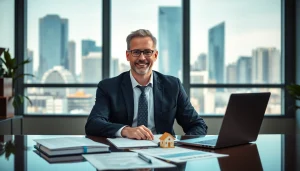 Real estate lawyer consulting clients in a professional office environment with city view.