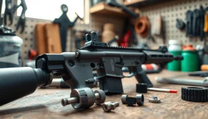 Examine an AR 15 trigger with detailed components highlighted on a workbench.