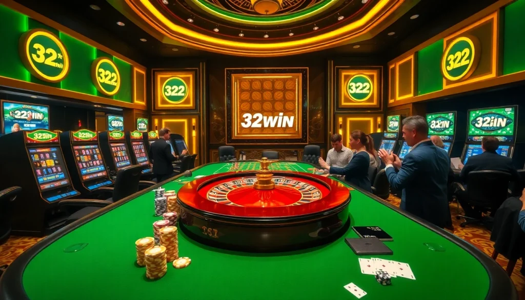 Experience the excitement of 32win with vibrant casino gaming tables and luxury slot machines.
