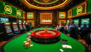 Experience the excitement of 32win with vibrant casino gaming tables and luxury slot machines.