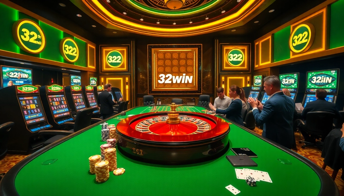 Experience the excitement of 32win with vibrant casino gaming tables and luxury slot machines.