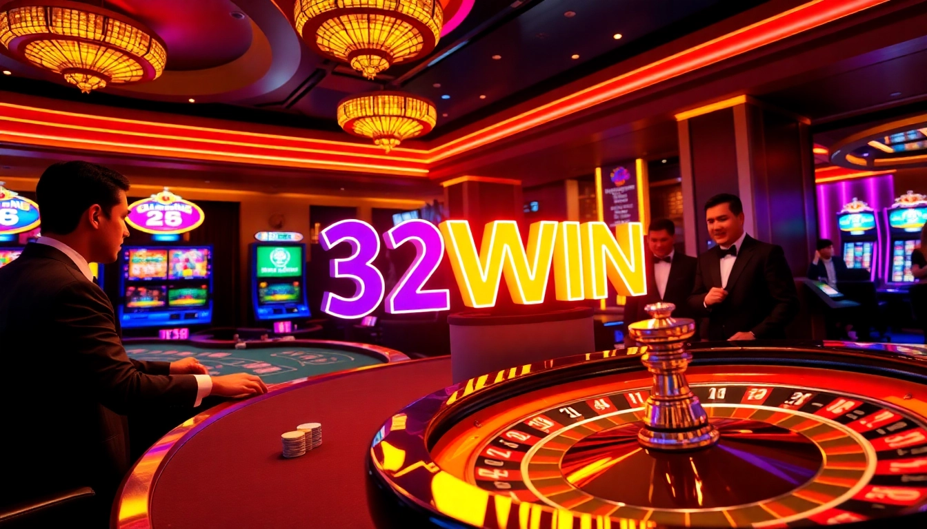 Experience the thrill of gambling at 32WIN with vibrant casino visuals and exciting gameplay.