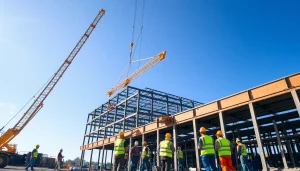 Workers performing structural steel installation with cranes at a busy construction site.