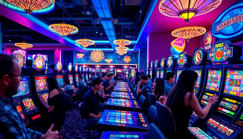 Petani toto menunjukkan pemain yang antusias di meja permainan dengan mesin slot berwarna-warni.