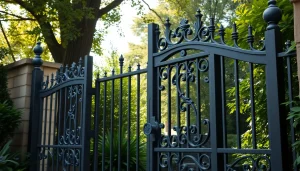 Custom steel gates beautifully showcase intricate craftsmanship and durability in a serene garden setting.