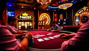 Gamblers at a Net88 poker table enjoying an interactive online casino experience filled with excitement.