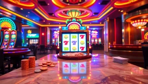 Experience the thrill of a slot bet 100 at a luxurious casino with vibrant slot machines and poker chips.