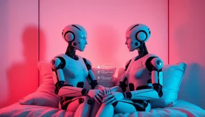 AI sex robots engaging in an intimate interaction in a futuristic setting.