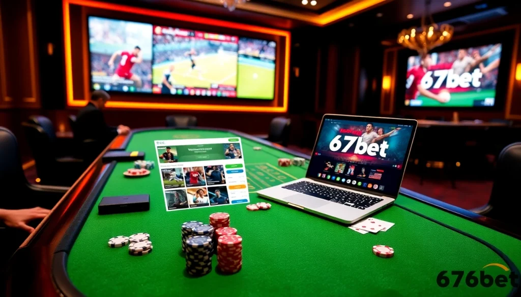 Engage in thrilling gameplay on 67bet Login at a luxurious casino table, surrounded by cards and chips.