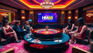 Experience the excitement of HM88 Casino with vibrant gameplay and elegant roulette table.