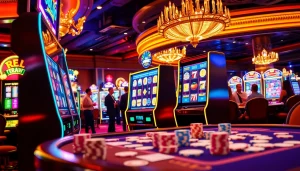 Players revel in the excitement of a Slot machine amidst a lavish casino atmosphere.