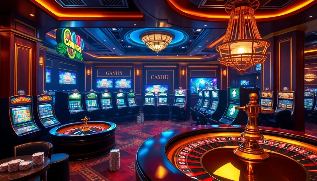 Image showcasing a thrilling online casino experience at https://79king2.sa.com/ with vibrant slot machines and roulette wheels.