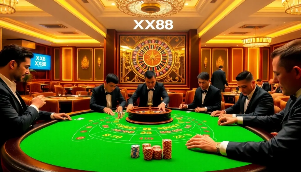 High-stakes baccarat game at an elegant casino showcasing XX88 branding and vibrant atmosphere.