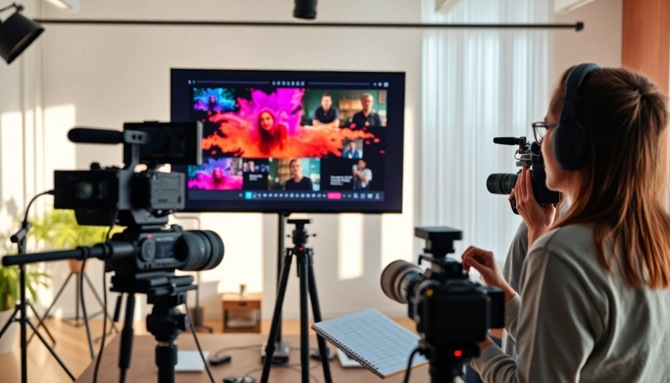 Creative Video Production Agency team collaborating in a bright studio environment with vibrant visuals.