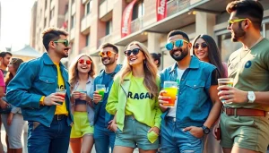 RageOff outfits showcased at a lively urban event, highlighting trendy, fashionable styles.