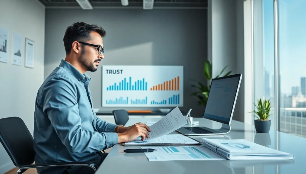 Biuro rachunkowe dla firmy budowlanej: profesjonalny księgowy w nowoczesnym biurze, zarządzający dokumentami finansowymi i wykresami projektów budowlanych.