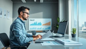 Biuro rachunkowe dla firmy budowlanej: profesjonalny księgowy w nowoczesnym biurze, zarządzający dokumentami finansowymi i wykresami projektów budowlanych.