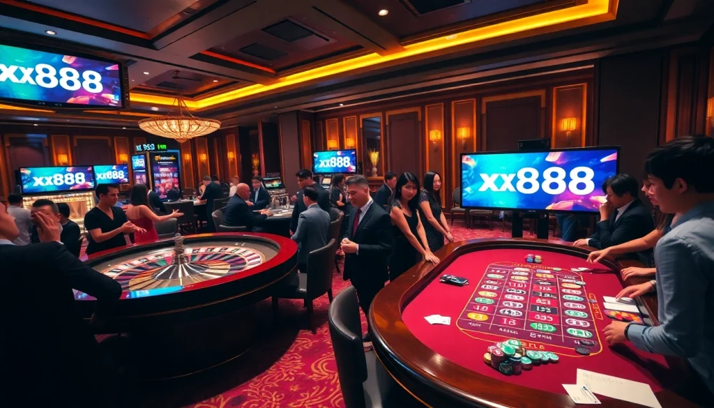 Experience vibrant gambling action at xx888 with a bustling casino scene featuring roulette and poker.