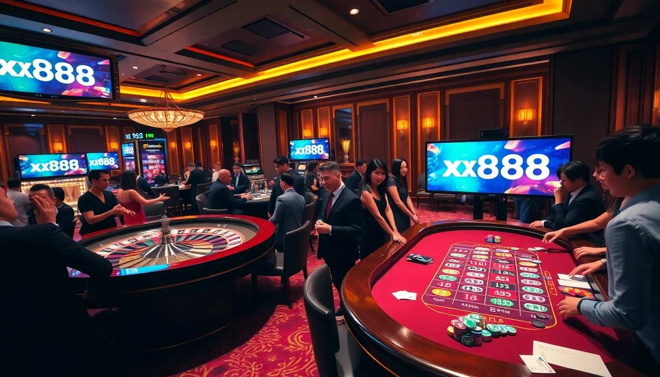 Experience vibrant gambling action at xx888 with a bustling casino scene featuring roulette and poker.