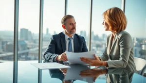 Eminent domain lawyer consulting with a client in a modern office, highlighting legal expertise.