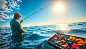 Engaged angler practicing saltwater fly fishing at sunset with colorful flies and ocean background.