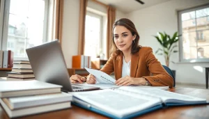 Traducteur professionnel en pleine activité, mettant en valeur un traducteur assermenté portugais dans un cadre de bureau organisé.