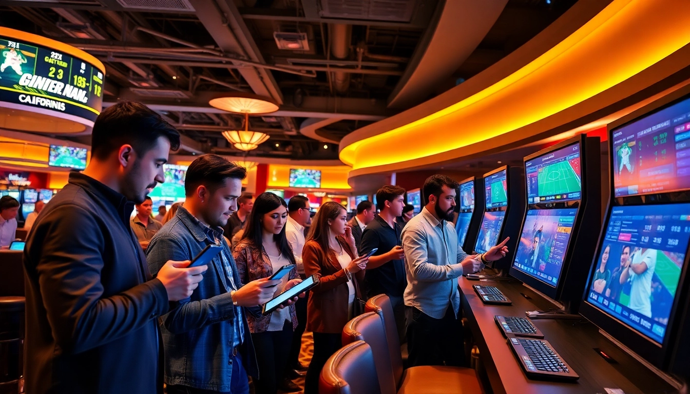 Engaging scene of sports betting California with bettors using technology in a vibrant casino.