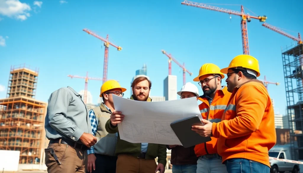 Engaged construction workers promote construction advocacy carolinas discussing project blueprints.