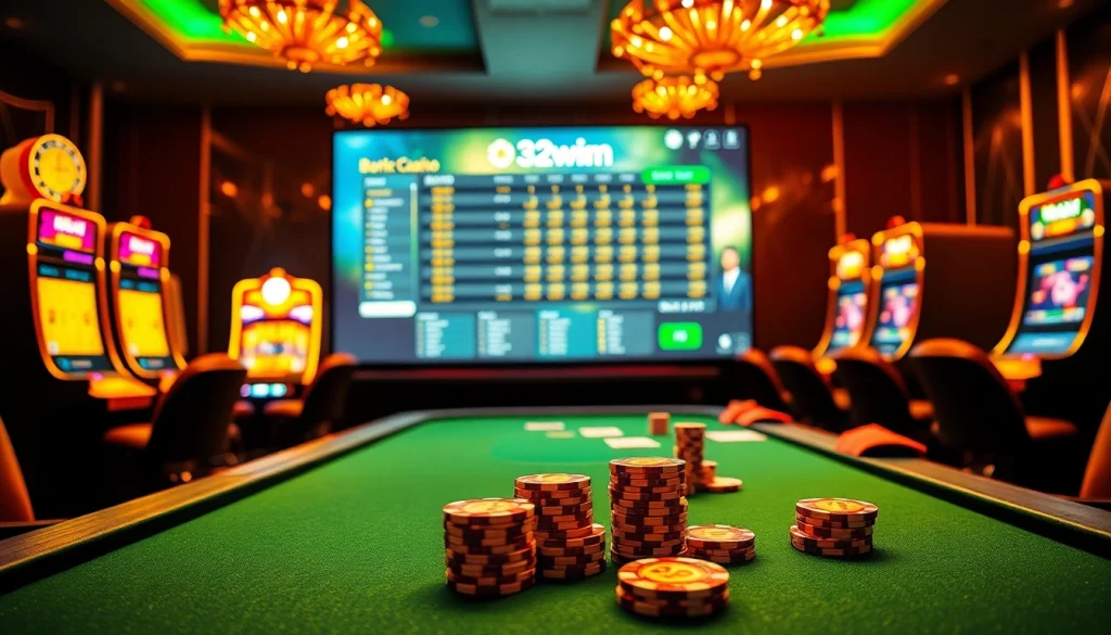 Engage in thrilling online gambling with 32wim at a luxurious casino table filled with vibrant poker chips and cards.