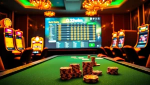 Engage in thrilling online gambling with 32wim at a luxurious casino table filled with vibrant poker chips and cards.