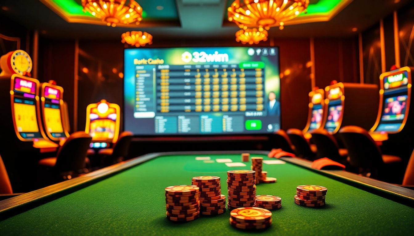 Engage in thrilling online gambling with 32wim at a luxurious casino table filled with vibrant poker chips and cards.