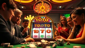 Para pemain berinteraksi dengan mesin Toto Slot yang mendebarkan di lingkungan kasino mewah.