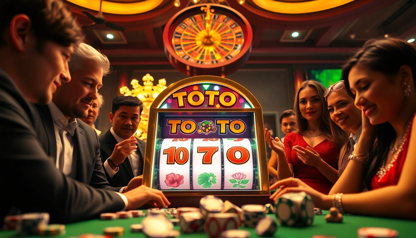 Para pemain berinteraksi dengan mesin Toto Slot yang mendebarkan di lingkungan kasino mewah.