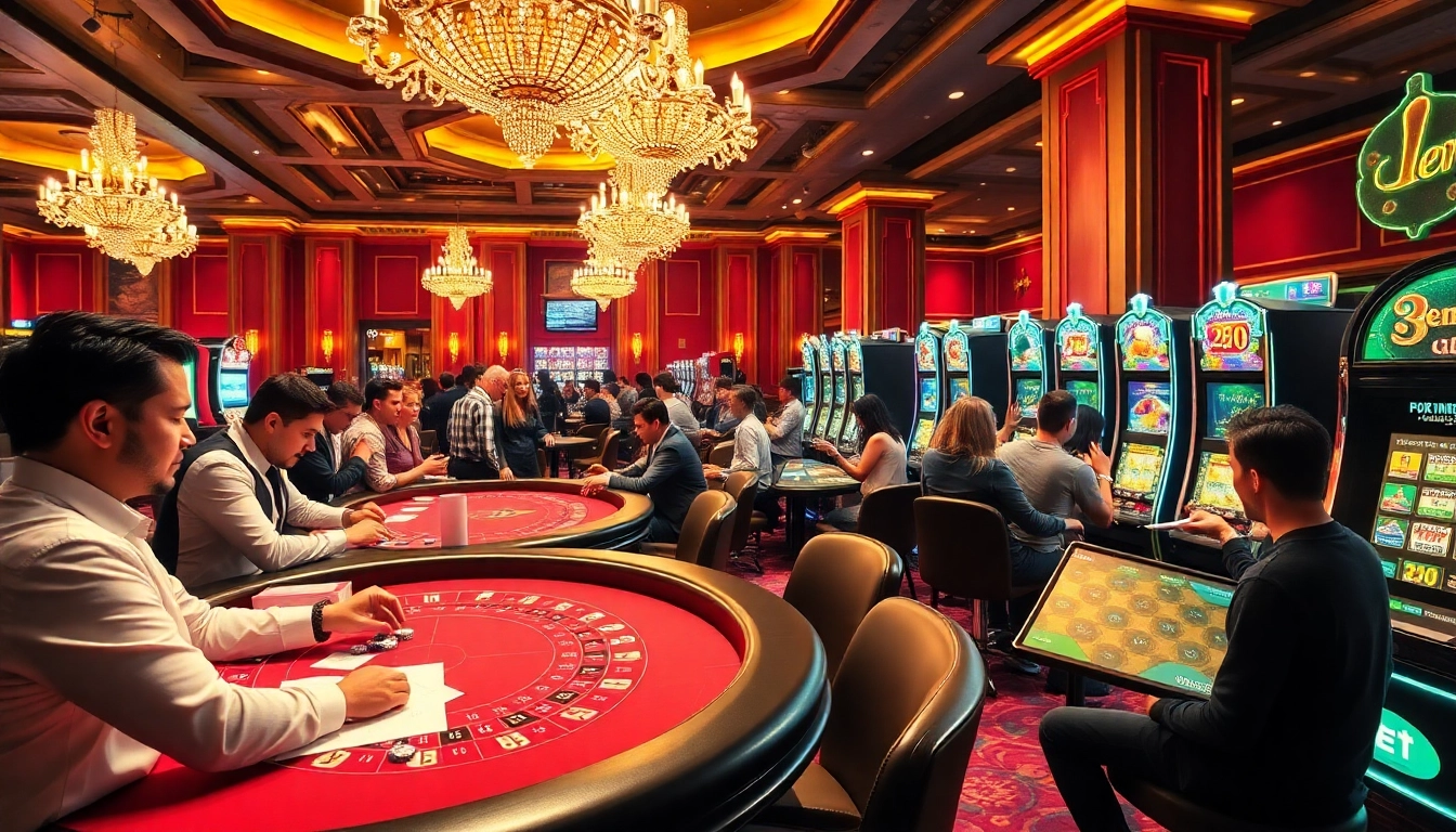 Engaged gamblers enjoying a lively casino atmosphere with Tha bet activities and excitement.