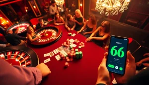 The new 66 app enhances poker night at a luxurious casino, complete with colorful chips.