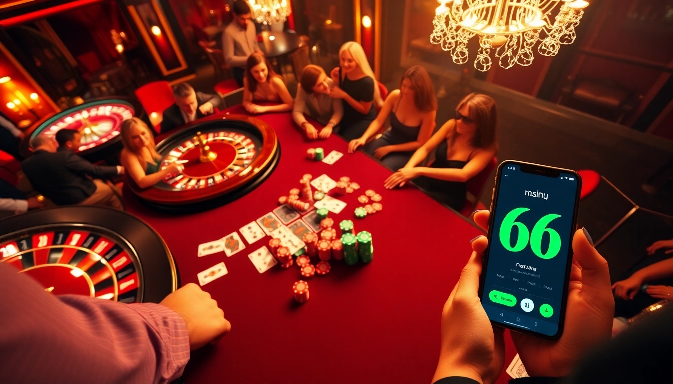 The new 66 app enhances poker night at a luxurious casino, complete with colorful chips.