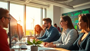 Engaging scene of a diverse team collaborating on free crypto mining, showcasing renewable energy and modern tech.