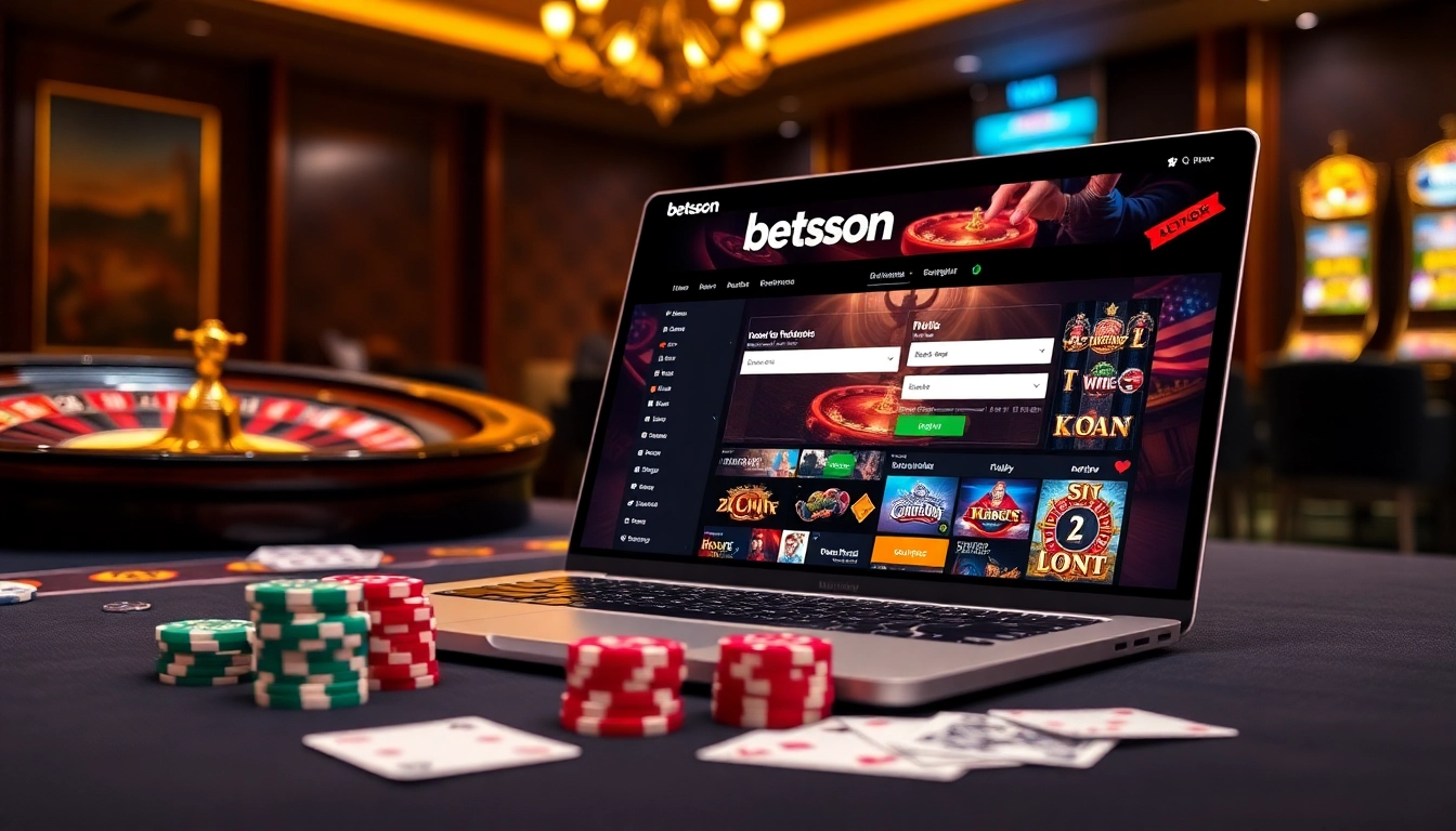 Effortlessly access your Betsson Login on a sleek laptop amid an exciting casino scene.