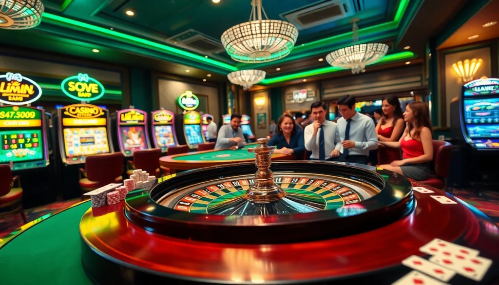 Experience the excitement of the casino with Liên Minh KJC's vibrant gaming scene featuring roulette and poker.