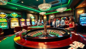 Experience the excitement of the casino with Liên Minh KJC's vibrant gaming scene featuring roulette and poker.