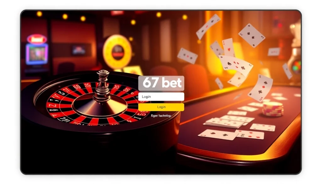 Engage with the 67bet Login interface against a backdrop of vibrant casino elements.