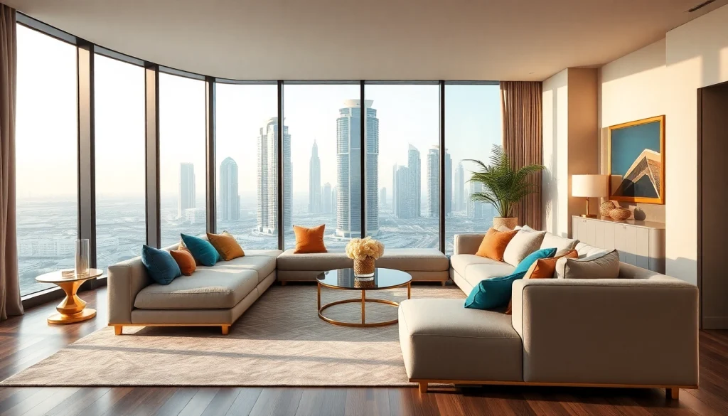 Elegant interior design dubai featuring modern luxury decor and panoramic views.