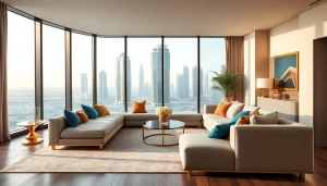 Elegant interior design dubai featuring modern luxury decor and panoramic views.
