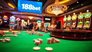 Excited players engaging with 188bet gaming tables, showcasing vibrant casino atmosphere.