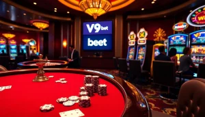 Exciting V9 bet scene with players at a poker table and a spinning roulette wheel in a lavish casino atmosphere.