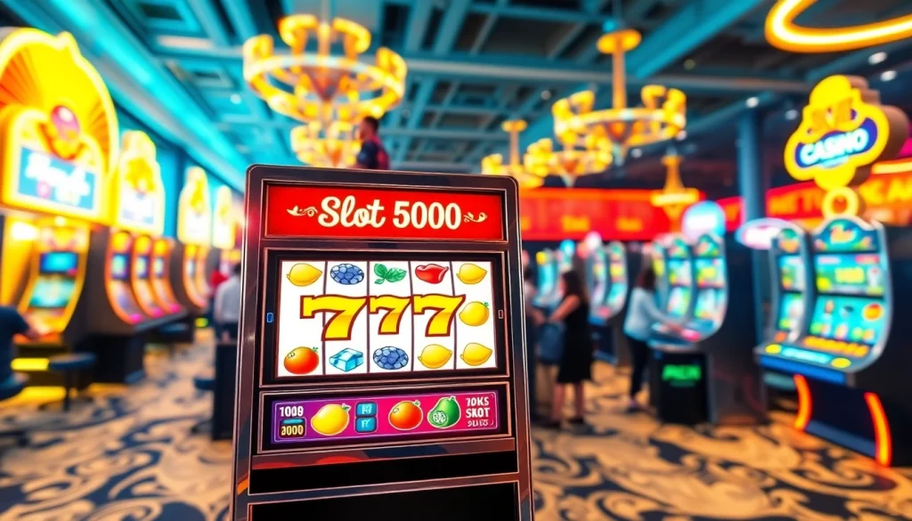 Optimal slot depo 5000 visual featuring an animated slot machine in an inviting casino setting.